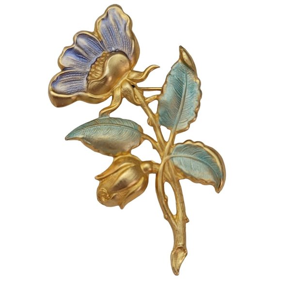 Matte Gold Tone Repousse Periwinkle Pastel Green Enamel Flower Brooch Pin E614 - Picture 8 of 8
